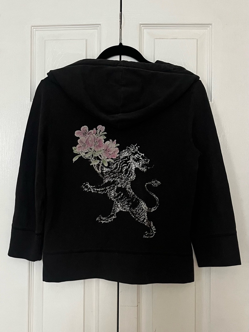 Express Women’s Black Hooded Top with Floral Lion Motif